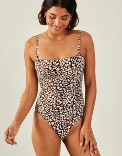 Accessorize Animal Print Ruched Shaping Swimsuit Brown