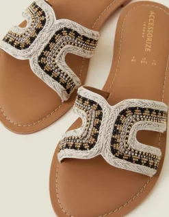 Accessorize Beaded Cut-Out Slide Sandals Black White Black
