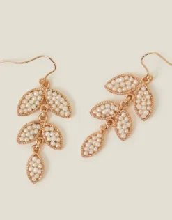 Accessorize Beaded Leaf Drop Earrings Pearl