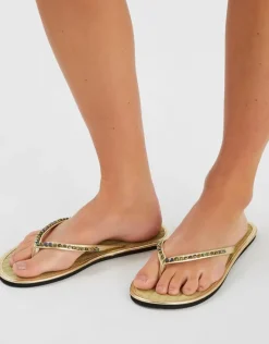 Accessorize Beaded Palm Seagrass Flip Flops Gold