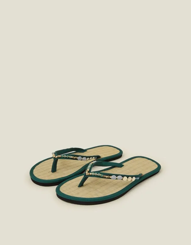 Accessorize Beaded Seagrass Footbed Flip Flops Green