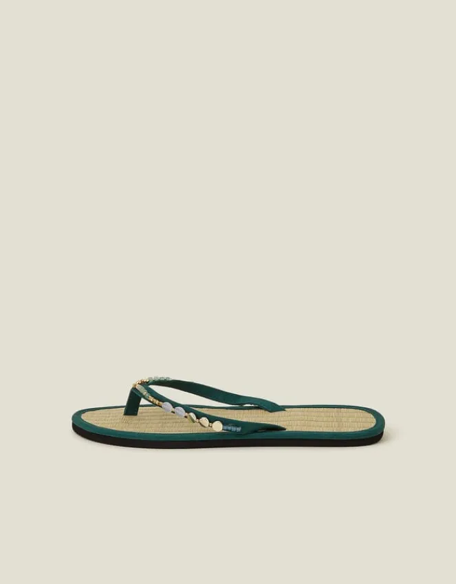 Accessorize Beaded Seagrass Footbed Flip Flops Green