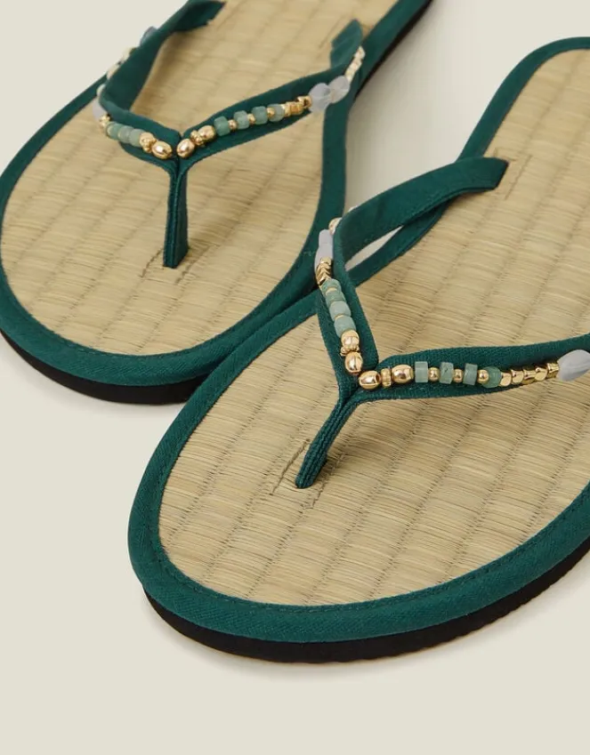 Accessorize Beaded Seagrass Footbed Flip Flops Green