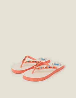 Accessorize Beaded Shell Print Flip Flops Orange