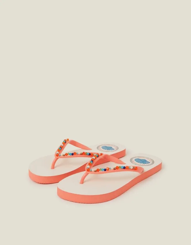 Accessorize Beaded Shell Print Flip Flops Orange