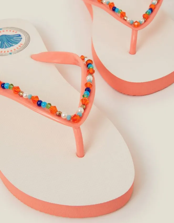 Accessorize Beaded Shell Print Flip Flops Orange