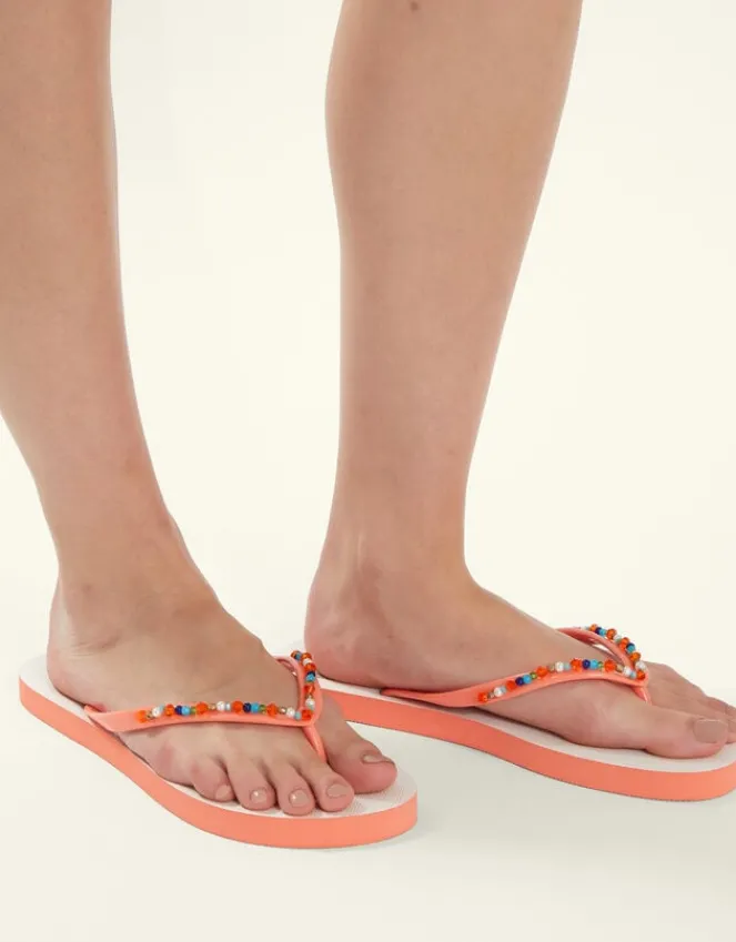Accessorize Beaded Shell Print Flip Flops Orange