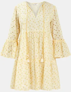 Accessorize Broderie Flute-Sleeve Mini Dress Yellow