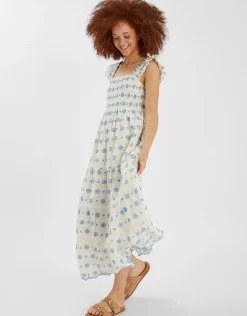 Accessorize Broderie Smocked Metallic Maxi Dress White