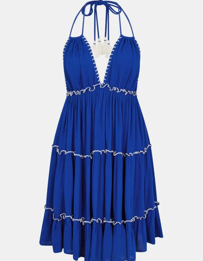 Accessorize Contrast Stitch Halter Mini Dress Blue