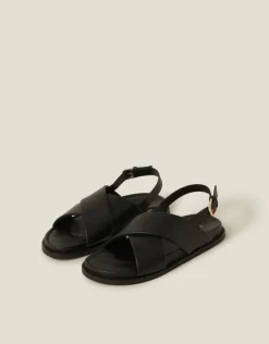 Accessorize Cross Strap Leather Sandals Black