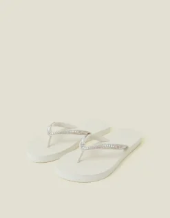 Accessorize Crystal Embellished Flip Flops Cream