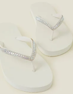 Accessorize Crystal Embellished Flip Flops Cream