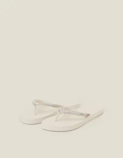 Accessorize Crystal Embellished Flip Flops Cream