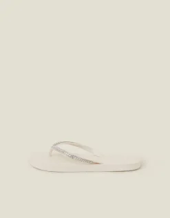 Accessorize Crystal Embellished Flip Flops Cream