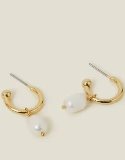 Accessorize 14ct Gold-Plated Pearl Drop Hoop Earrings