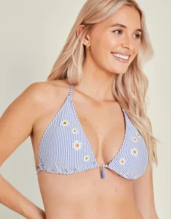 Accessorize Daisy Embroidered Stripe Bikini Top Blue