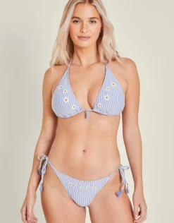 Accessorize Daisy Embroidered Stripe Bikini Top Blue