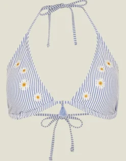 Accessorize Daisy Embroidered Stripe Bikini Top Blue