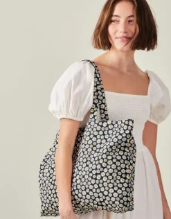 Accessorize Daisy Print Cotton Shopper Bag Navy