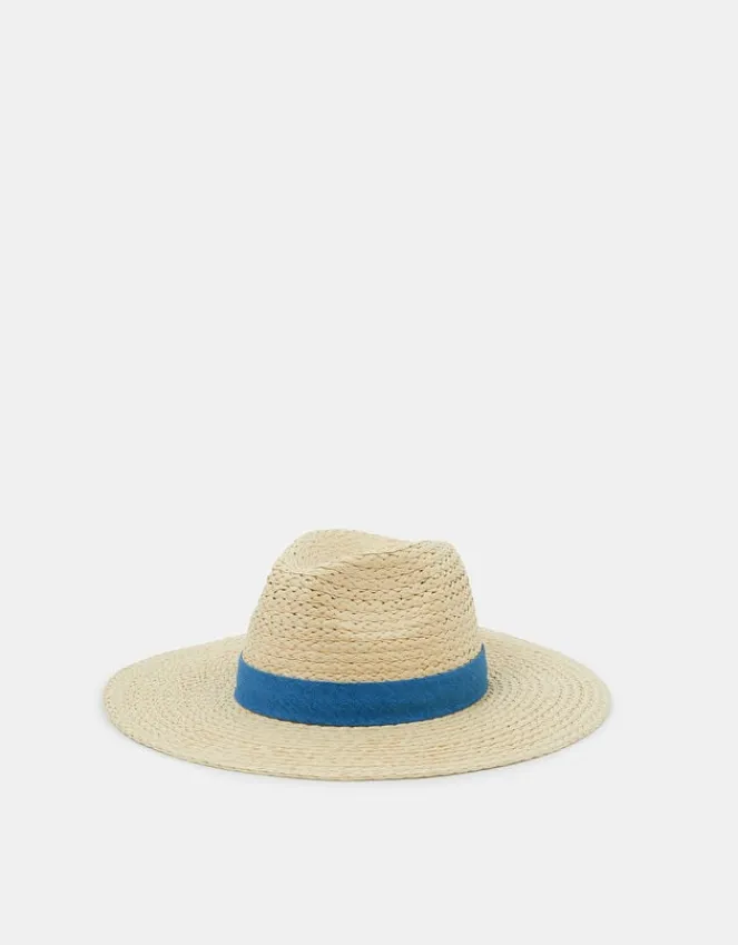 Accessorize Denim Trim Straw Fedora Hat