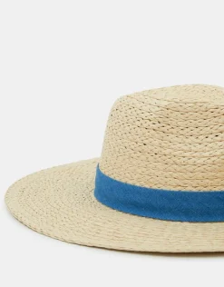 Accessorize Denim Trim Straw Fedora Hat