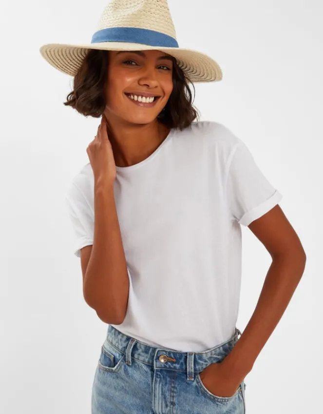 Accessorize Denim Trim Straw Fedora Hat