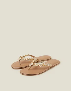 Accessorize Diamante Flower Flip Flop Sandals Gold