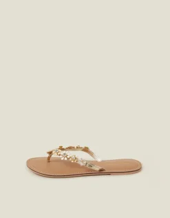 Accessorize Diamante Flower Flip Flop Sandals Gold