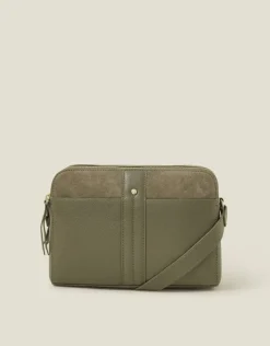 Accessorize Double Zip Leather Cross-Body Bag Green