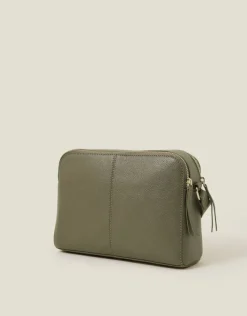 Accessorize Double Zip Leather Cross-Body Bag Green