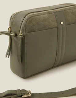 Accessorize Double Zip Leather Cross-Body Bag Green