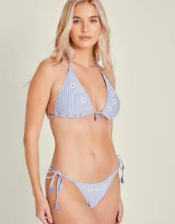 Accessorize Embroidered Daisy Stripe Tie Side Bikini Bottoms Blue