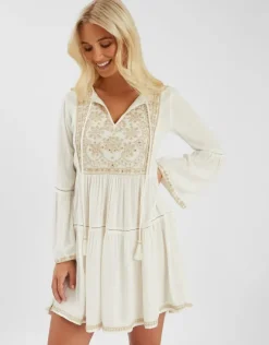 Accessorize Embroidered Flute-Sleeve Mini Dress Ivory