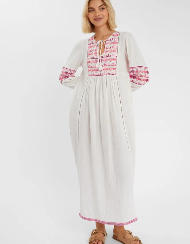 Accessorize Embroidered Long Sleeve Maxi Dress Ivory