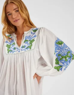 Accessorize Embroidered Long Sleeve Smock Dress White