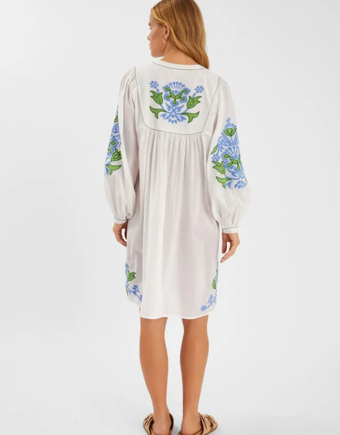 Accessorize Embroidered Long Sleeve Smock Dress White