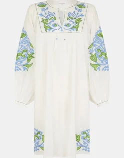 Accessorize Embroidered Long Sleeve Smock Dress White