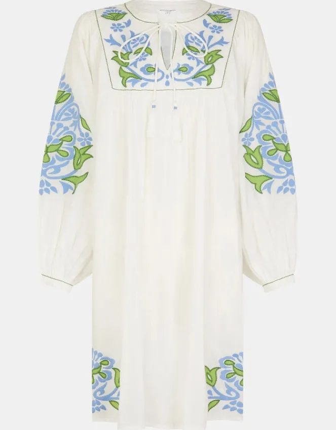 Accessorize Embroidered Long Sleeve Smock Dress White