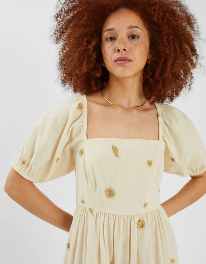 Accessorize Embroidered Puff Sleeve Maxi Dress Natural