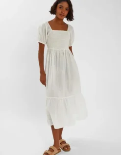 Accessorize Embroidered Puff Sleeve Midi Dress White