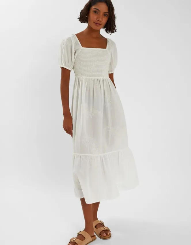Accessorize Embroidered Puff Sleeve Midi Dress White