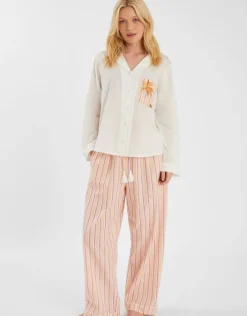 Accessorize Embroidered Stripe Long Pyjamas Set Pink