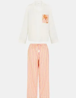 Accessorize Embroidered Stripe Long Pyjamas Set Pink