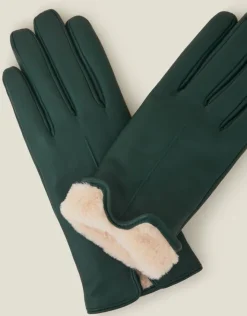 Accessorize Faux Fur Lined Leather Gloves Green