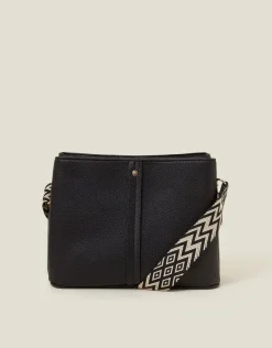 Accessorize Faux Leather Webbing Strap Crossbody Bag Black