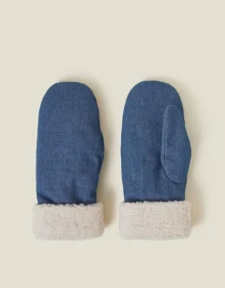 Accessorize Faux Shearling Cuff Denim Mittens