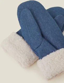 Accessorize Faux Shearling Cuff Denim Mittens