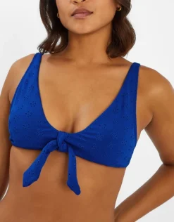 Accessorize Floral Broderie Tie-Front Bikini Top Blue