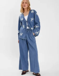 Accessorize Floral Embroidered Chambray Tie Jacket Blue